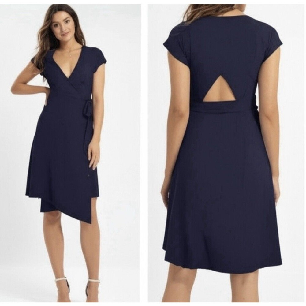 The Kosan Go Travel Wrap Dress Navy Short Sleeves Zip Pocket Adjustable Women XL - Picture 1 of 16